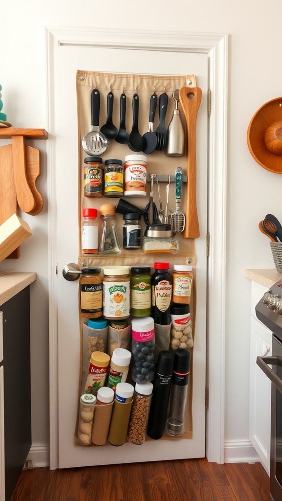 Over-the-door shoe organizer filled with kitchen items like spices, utensils, and sauces.