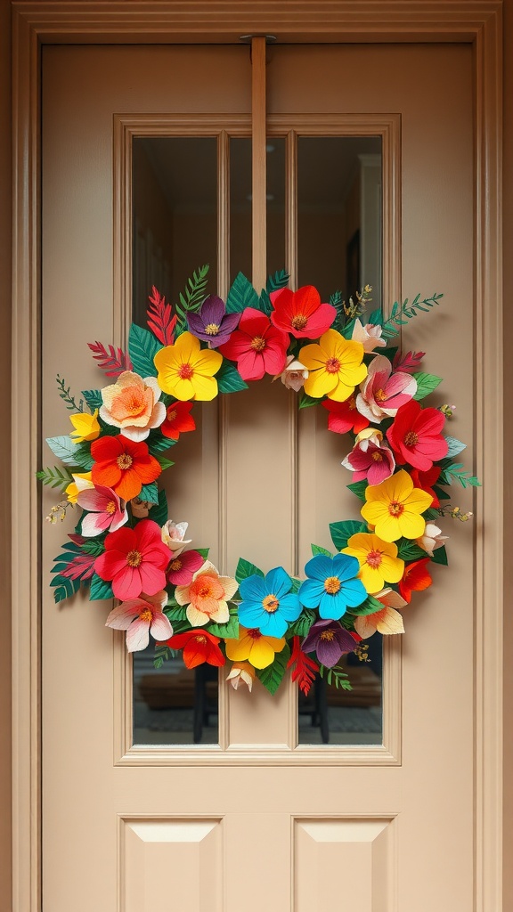 Colorful paper flower wreath hanging on a front door