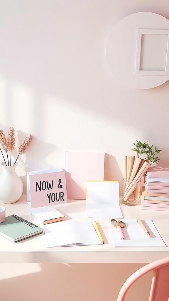 A pastel-themed workspace with a neatly organized desk, including stationery, a vase of plants, and soft colors.