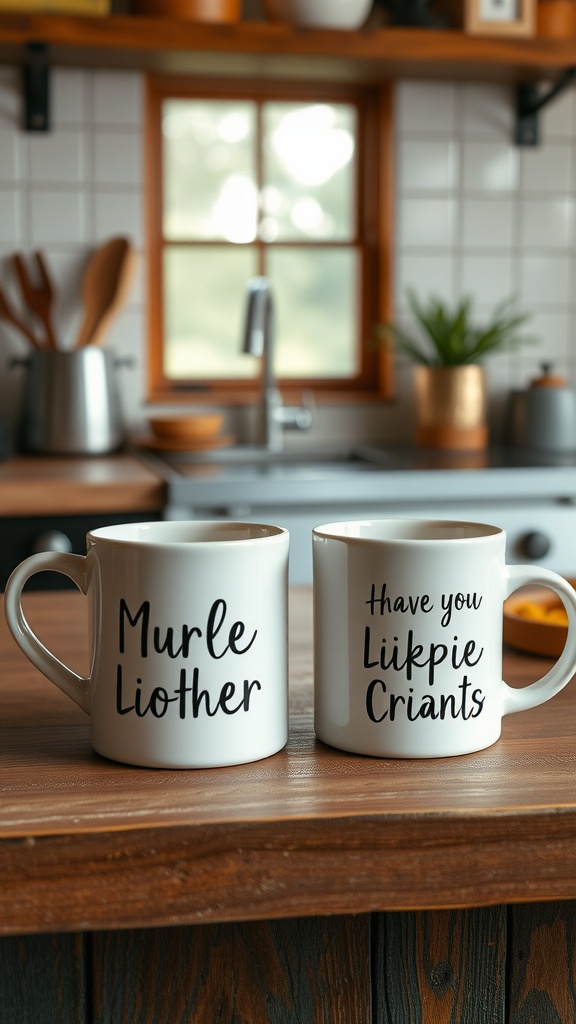 Two personalized ceramic mugs on a wooden counter in a cozy kitchen setting.