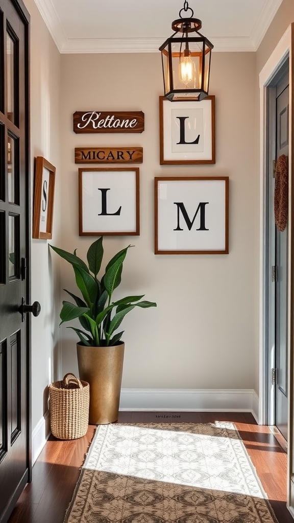 Entryway decor featuring personalized initials and plants