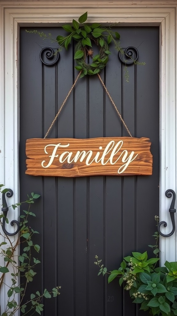 A wooden personalized name sign that reads 'Family', hanging on a dark door, adorned with greenery.