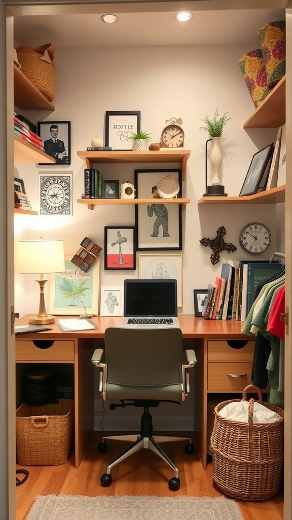 A cozy hidden workspace in a closet featuring a desk, shelves adorned with books and decor, and warm lighting.