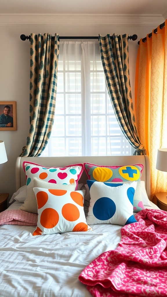 A cozy bed decorated with colorful polka-dot pillows and patterned curtains