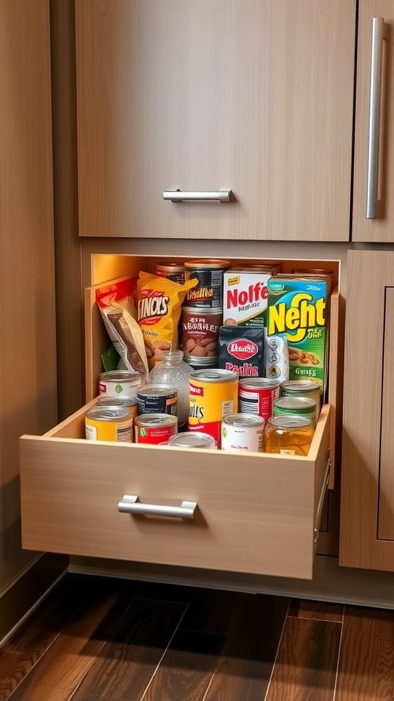 A pull-out pantry drawer filled with various canned goods and snacks.