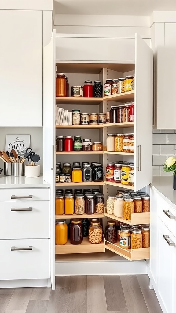 A well-organized pull-out pantry with shelves filled with jars and containers.