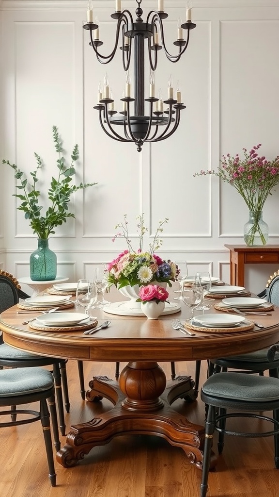 A round wooden dining table set with plates and glasses, featuring a colorful floral centerpiece and decorative vases with greenery.