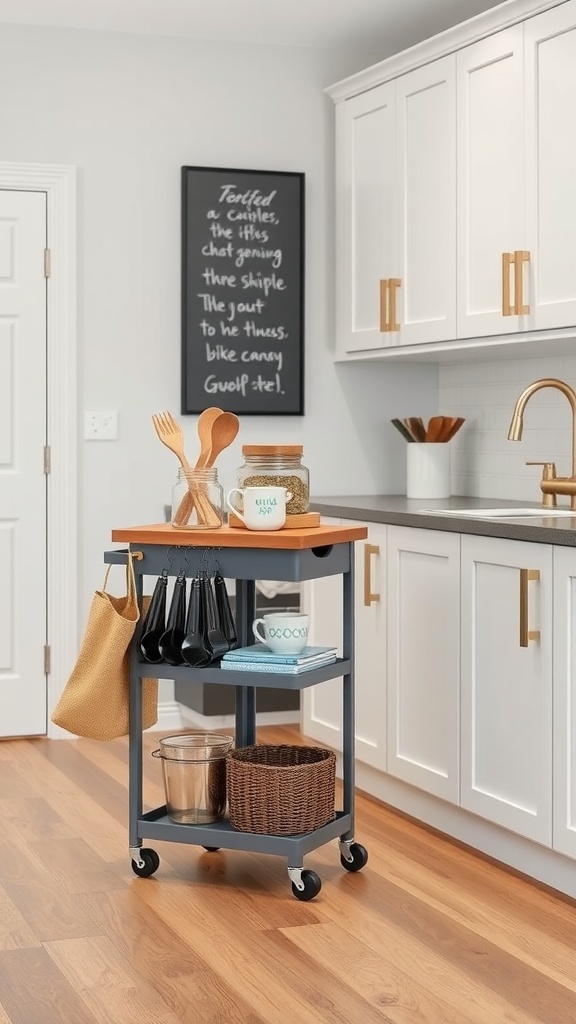 A stylish rolling kitchen cart with a wooden top, shelves for storage, and hooks for kitchen accessories.