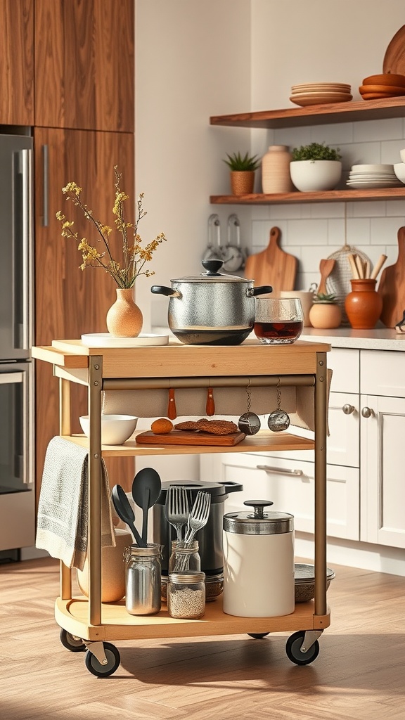 A wooden rolling cart in a kitchen, featuring pots, utensils, and decorative items.