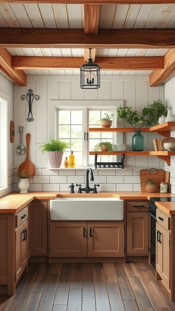 A rustic farmhouse kitchen with wooden beams, a farmhouse sink, open shelves, and potted plants