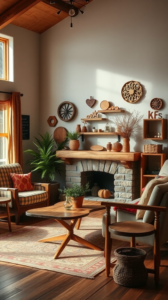 A cozy living room featuring rustic wooden accents, a fireplace, and comfortable seating.