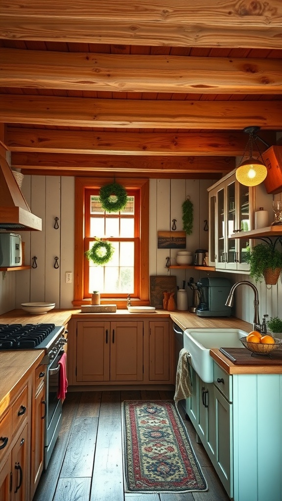 A cozy rustic farmhouse kitchen with wooden beams, soft-colored cabinets, a deep farmhouse sink, and decorative greenery.