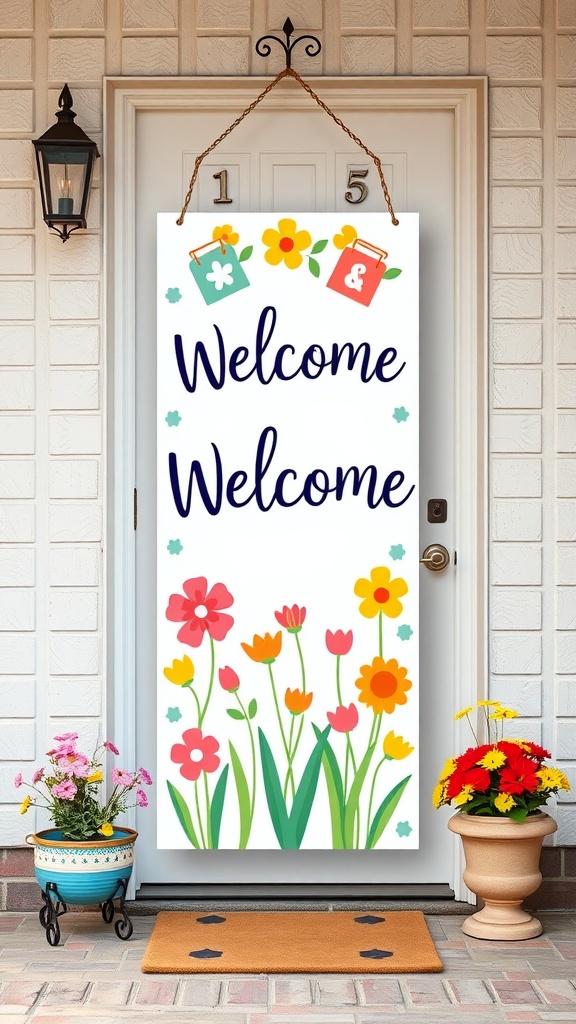 A colorful spring door hanger with flowers and the word 'Welcome' displayed on a front door.