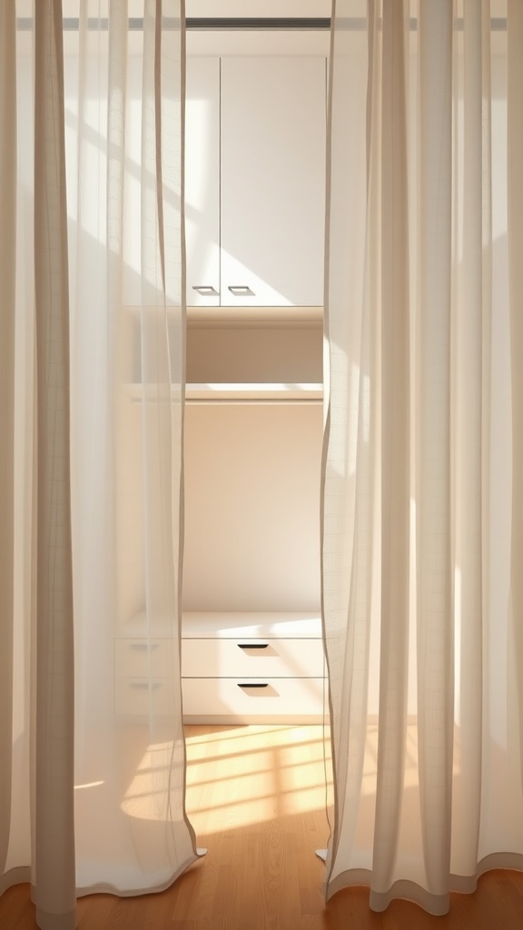 A closet space with sheer fabric curtains allowing soft light to filter through.