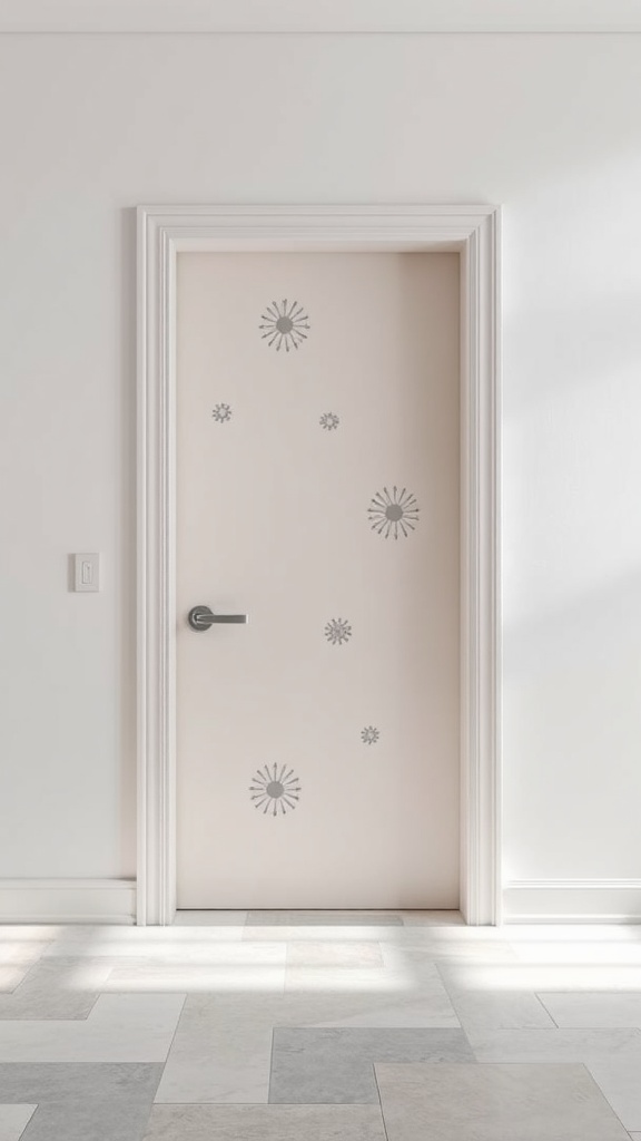 A minimalist door with subtle stenciling designs