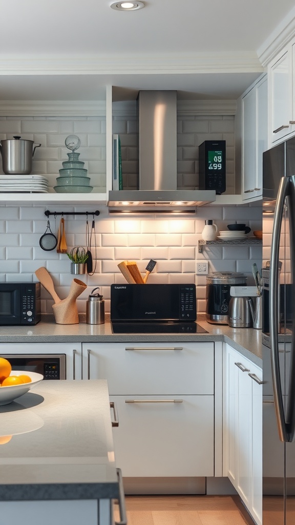 A modern kitchen featuring smart technology integration with appliances and a digital clock.