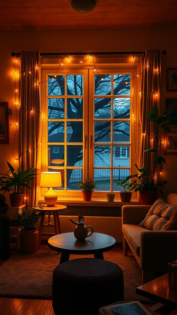 A cozy room with soft lighting created by fairy lights hanging around a window, complemented by plants and warm furnishings.