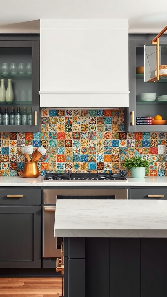 Colorful tiled backsplash in a modern kitchen with dark cabinets.