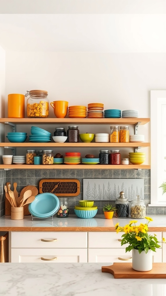 Colorful open kitchen shelving displaying plates, bowls, and jars