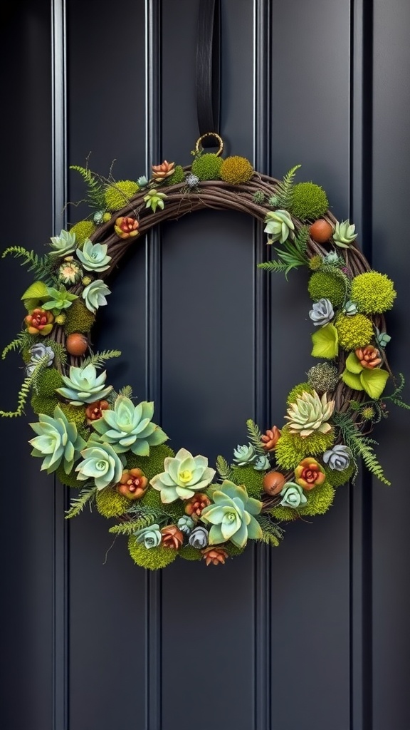 A decorative succulent and moss wreath hanging on a dark door.