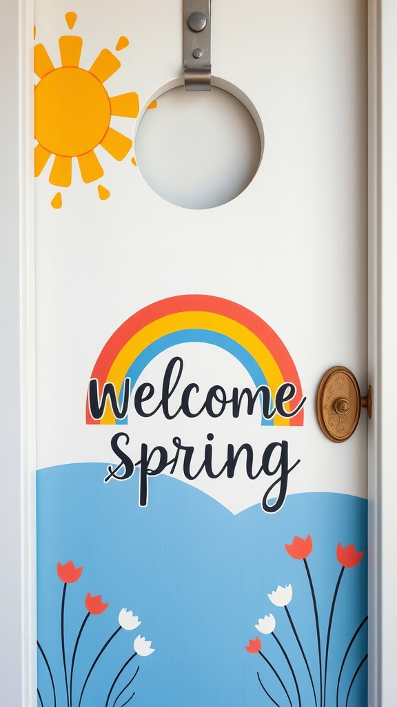 Colorful door hanger with a sun, rainbow, and flowers welcoming spring.