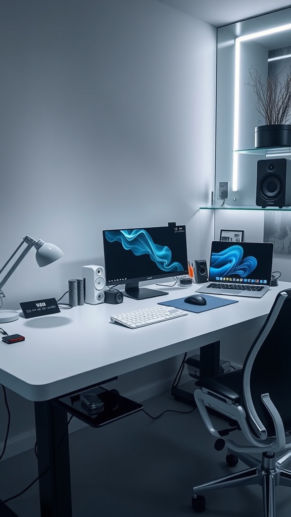 A modern tech-savvy desk setup with dual monitors, a laptop, and stylish lighting.