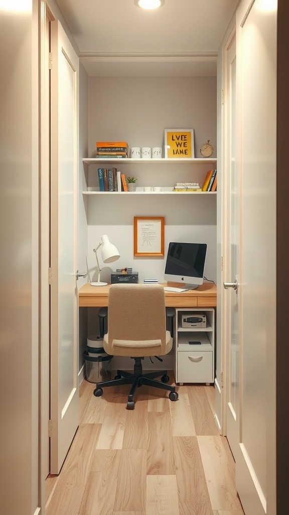 A cozy office setup inside a closet featuring a desk, computer, and shelves with decor