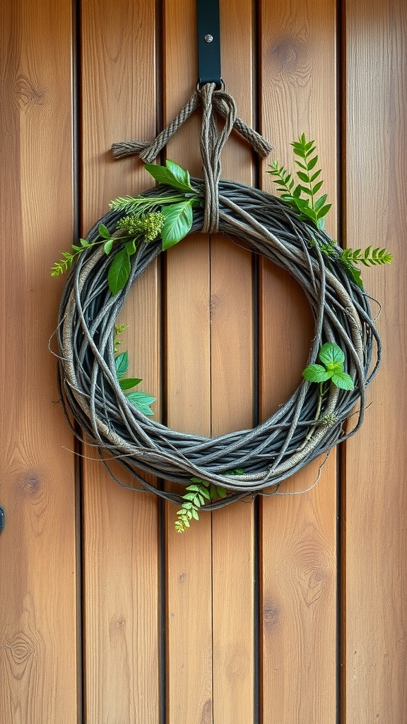 A twisted vine wreath adorned with greenery hanging on a wooden door.