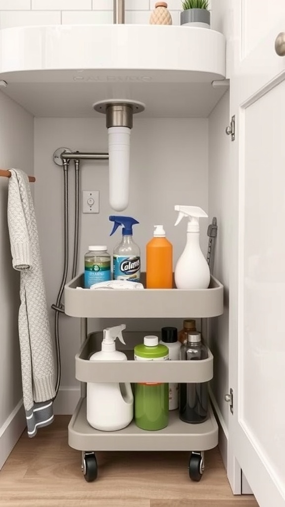 A rolling cart under a kitchen sink, organized with cleaning supplies and bottles.