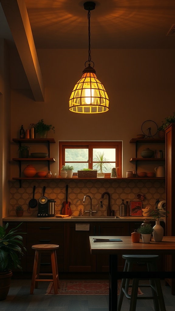 A boho kitchen with a unique pendant light fixture casting a warm glow over the space.