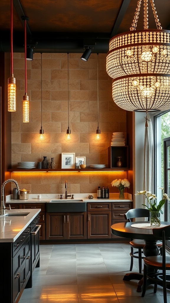 A modern kitchen featuring unique lighting fixtures, including a large chandelier and pendant lights, along with wooden cabinets and a cozy atmosphere.