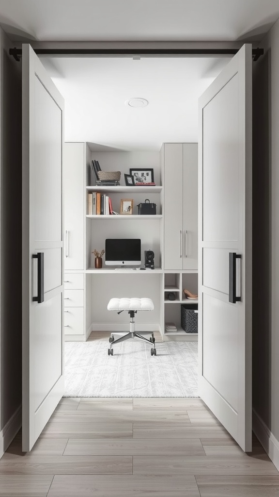 A stylish workspace in a closet with sliding doors, showcasing a desk, shelves, and a comfortable chair