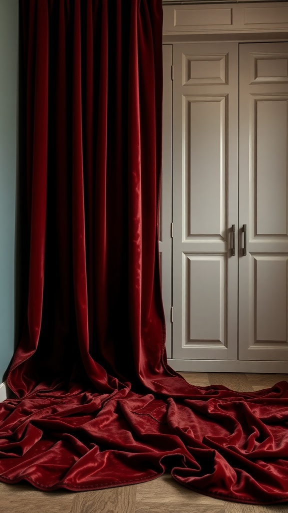 Image of elegant burgundy velvet curtains draping over a closet, enhancing the room's luxury.