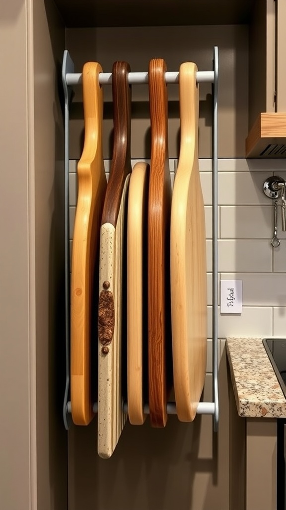 Vertical storage of various wooden cutting boards on a rack in a kitchen.