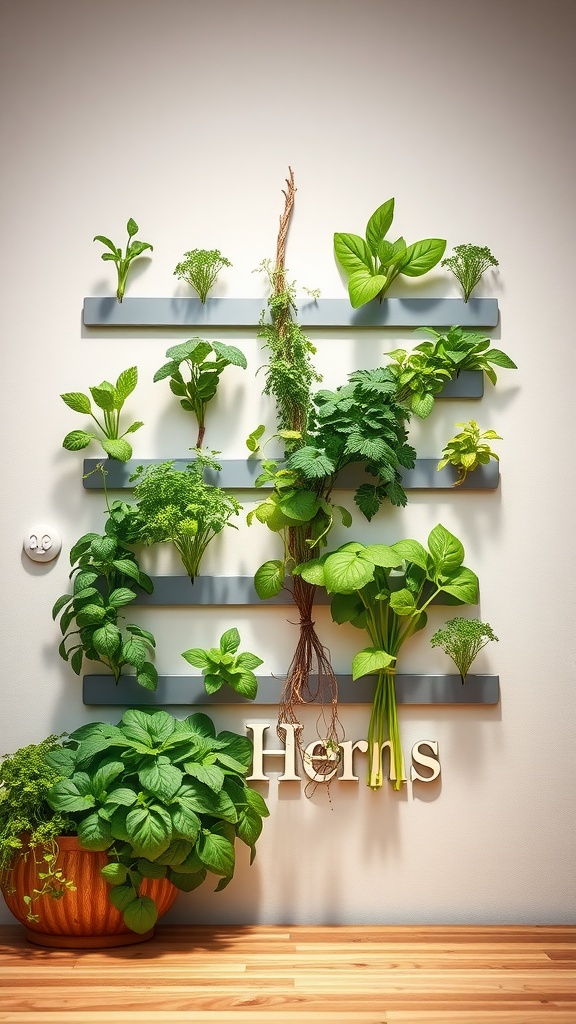 A vertical herb garden featuring various herbs arranged on grey magnetic strips against a wall.