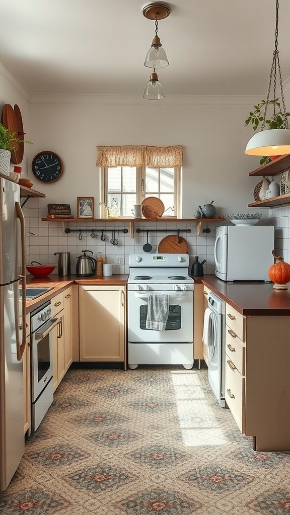 A cozy kitchen featuring a mix of vintage and modern elements, with warm wood countertops, patterned flooring, and open shelving.