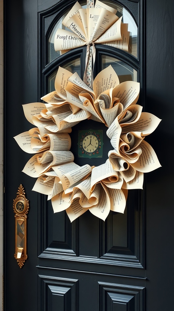 A vintage book page wreath hanging on a dark door, featuring curled pages and a decorative clock in the center.