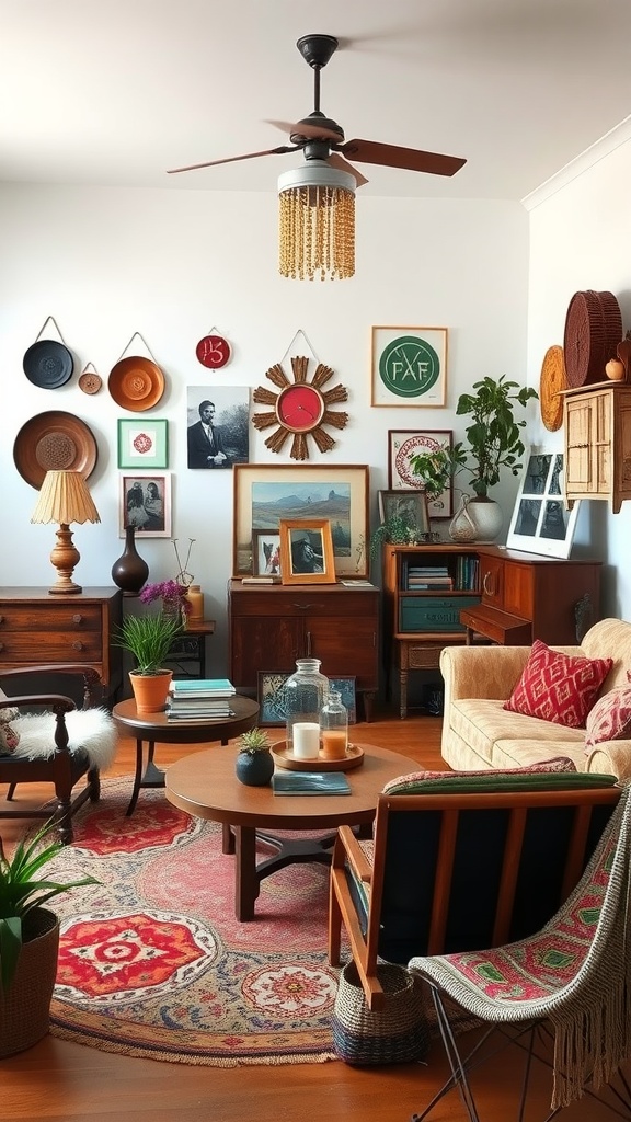 A cozy boho living room featuring vintage furniture, colorful textiles, and eclectic wall decor.