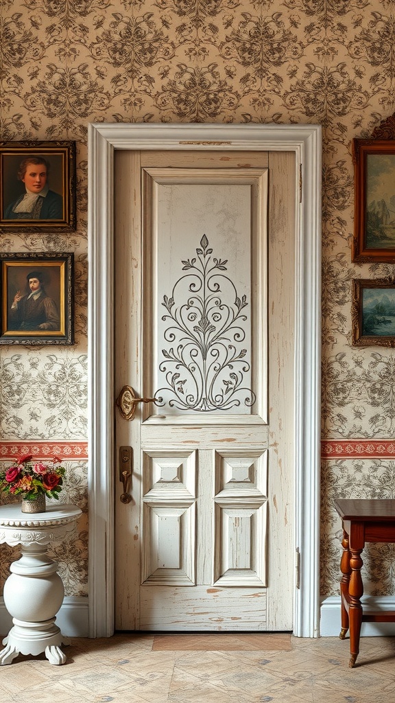 A beautifully decorated hollow core door with vintage wallpaper and floral design, surrounded by framed artwork.