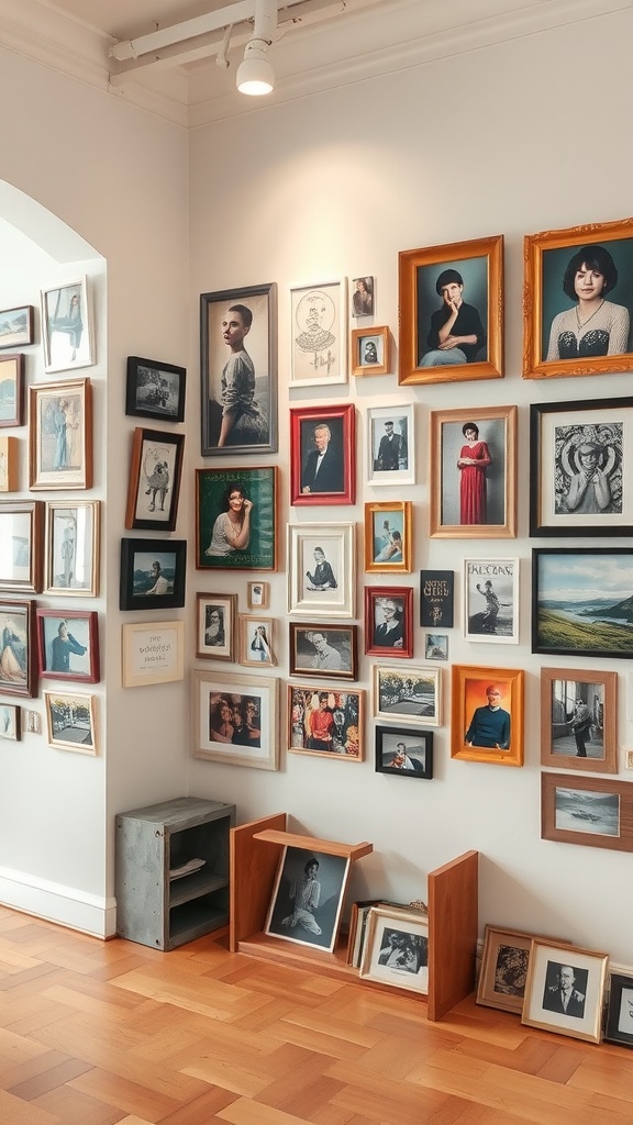 A wall featuring a collage of various framed artworks and photographs.