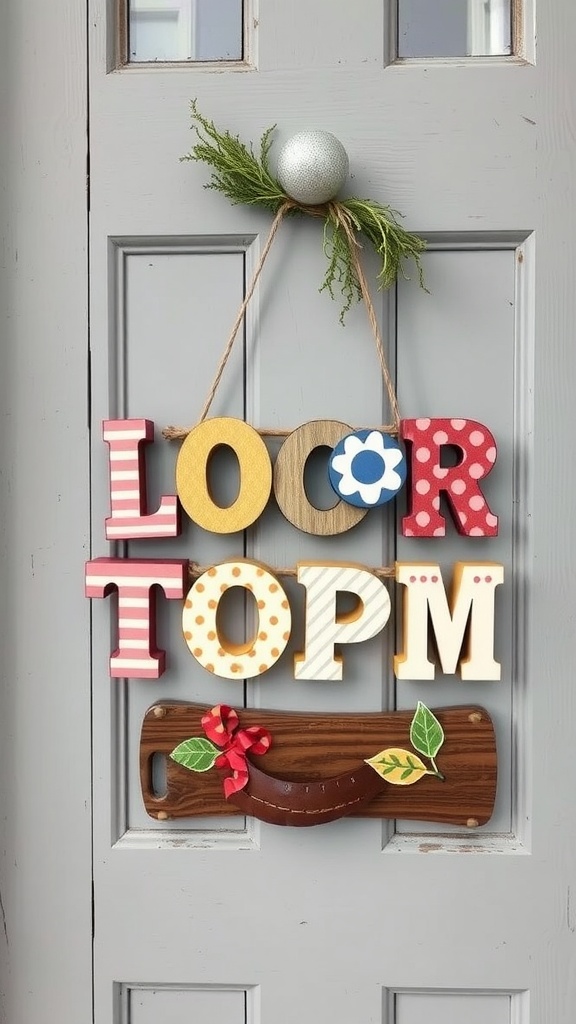 Colorful wooden letter cutouts hanging on a door with patterns and decorations.